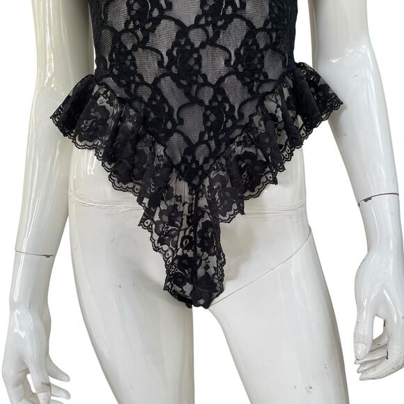 Vintage 80’s 90’s Black Lace Teddy One Piece Bodysuit Lingerie Small Hi-Cut - Picture 3 of 10